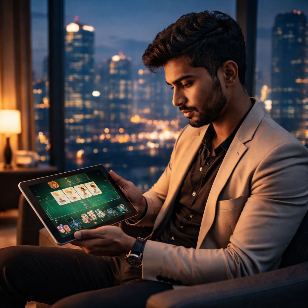 Focused gamer in Bangladesh navigating a VB8 live baccarat table on a tablet