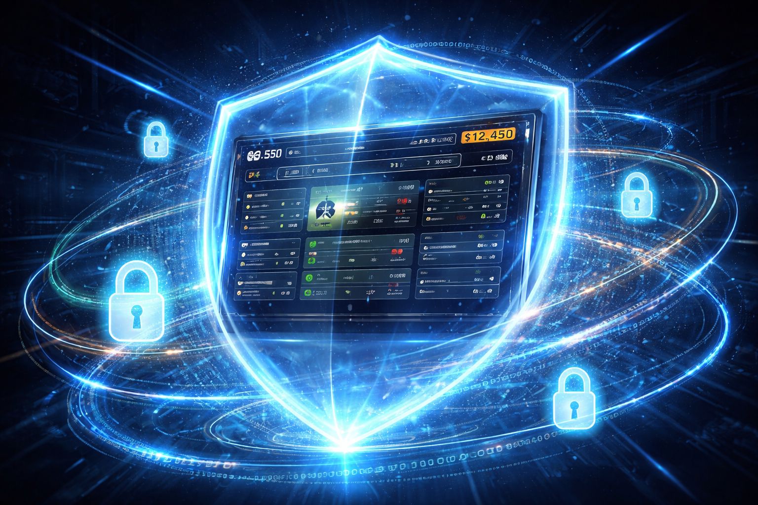 Futuristic security dashboard illustrating VB8 data protection and encryption layers