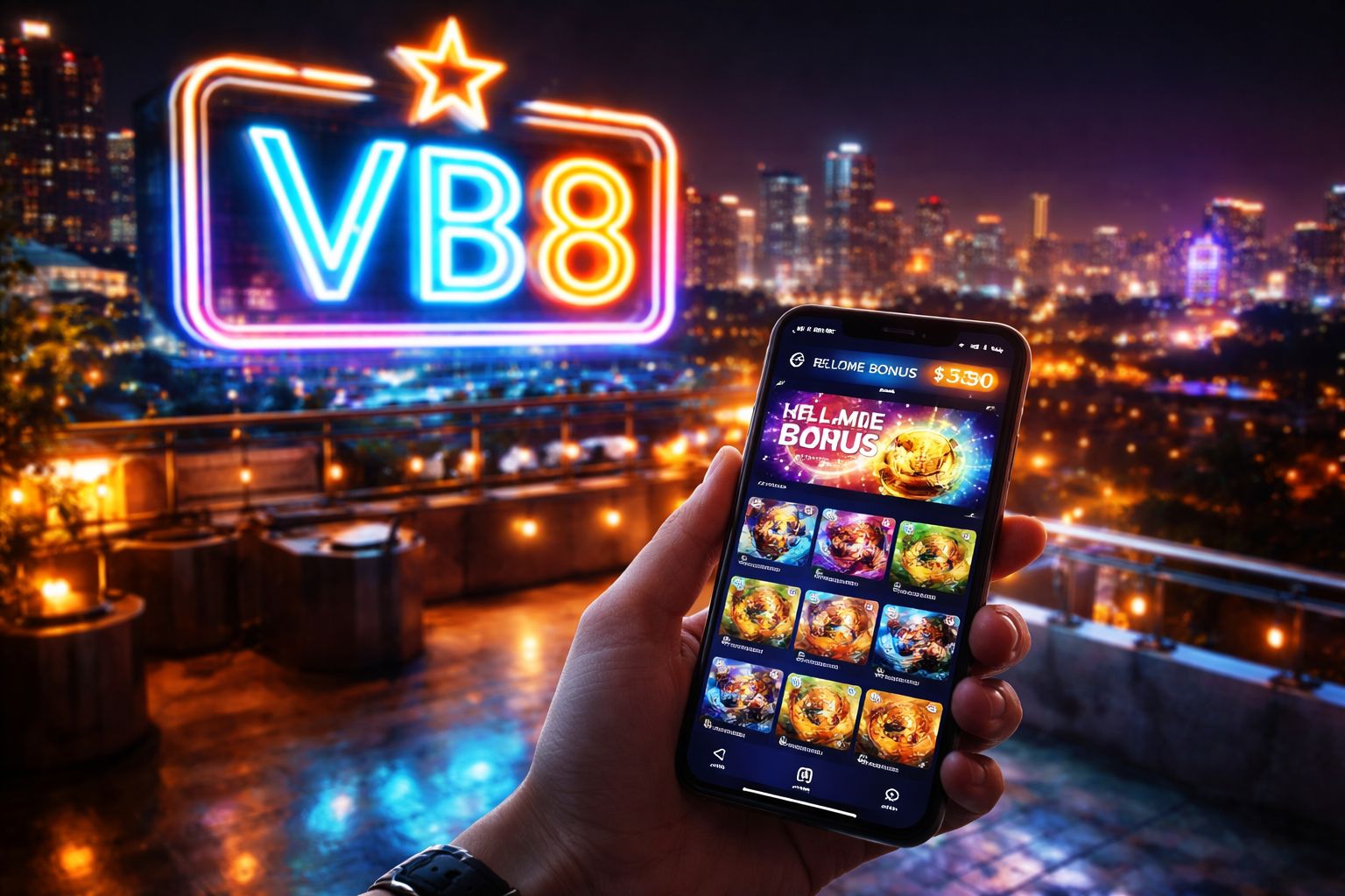 Player in Bangladesh launching the VB8 mobile casino app on a smartphone