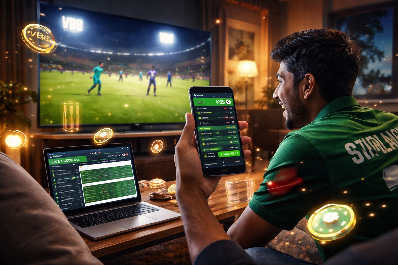 Enthusiastic Bangladeshi fan celebrating while placing rapid live bets on a smartphone during an intense cricket match