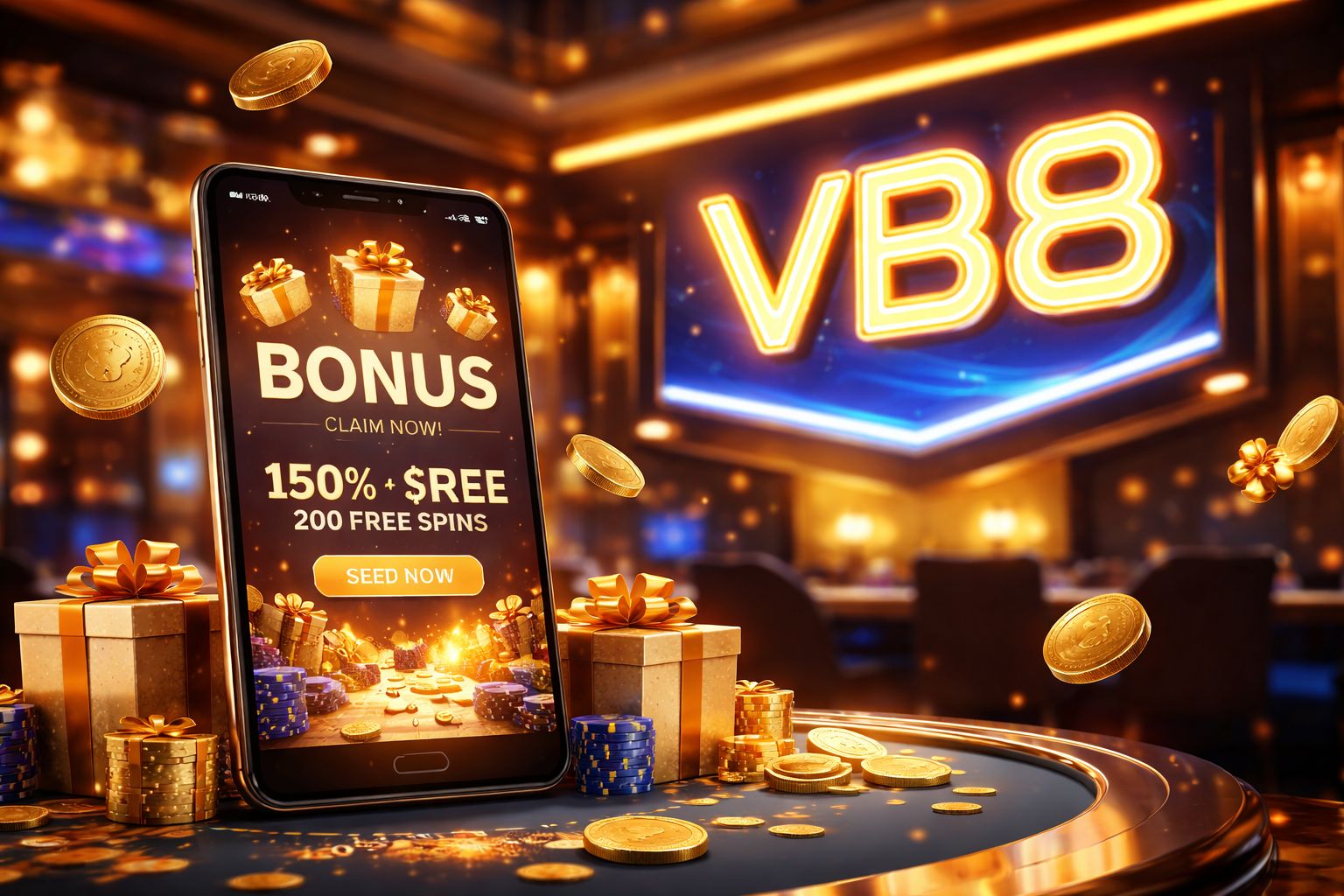 VB8 bonus promotions showcase featuring welcome offers, cashback deals, and VIP rewards in a premium modern layout for Bangladesh players