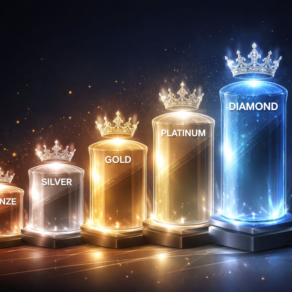 VB8 VIP loyalty program displaying five ascending tiers from Bronze to Diamond with increasing cashback rates and exclusive privilege icons