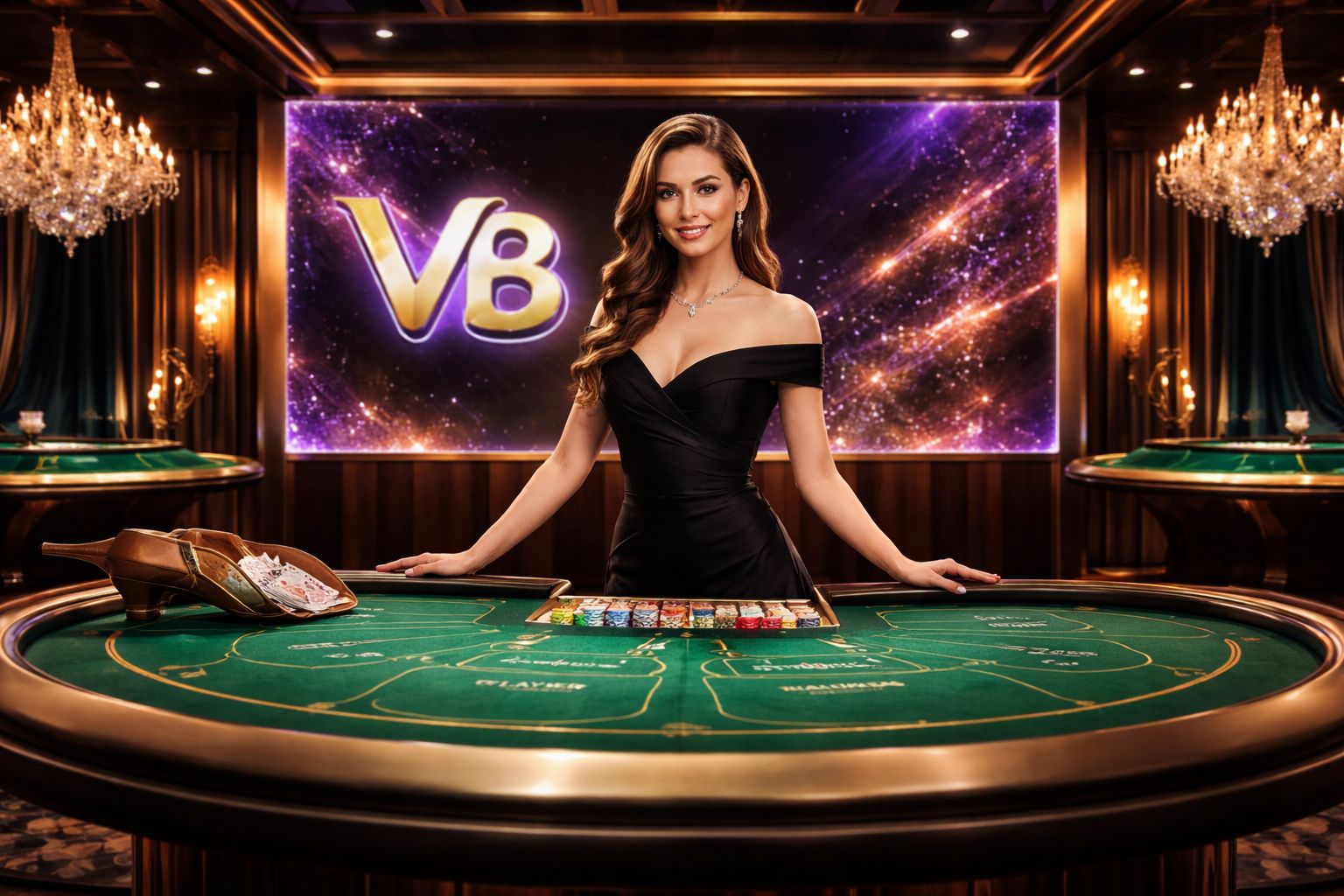 Professional live dealer dealing baccarat cards in a luxurious VB8 studio environment