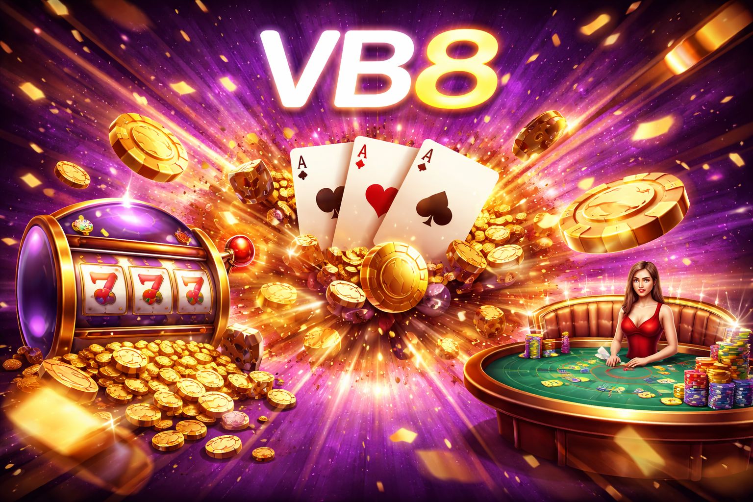 Colorful montage of VB8 casino games including slot reels, poker chips, and live dealer screens