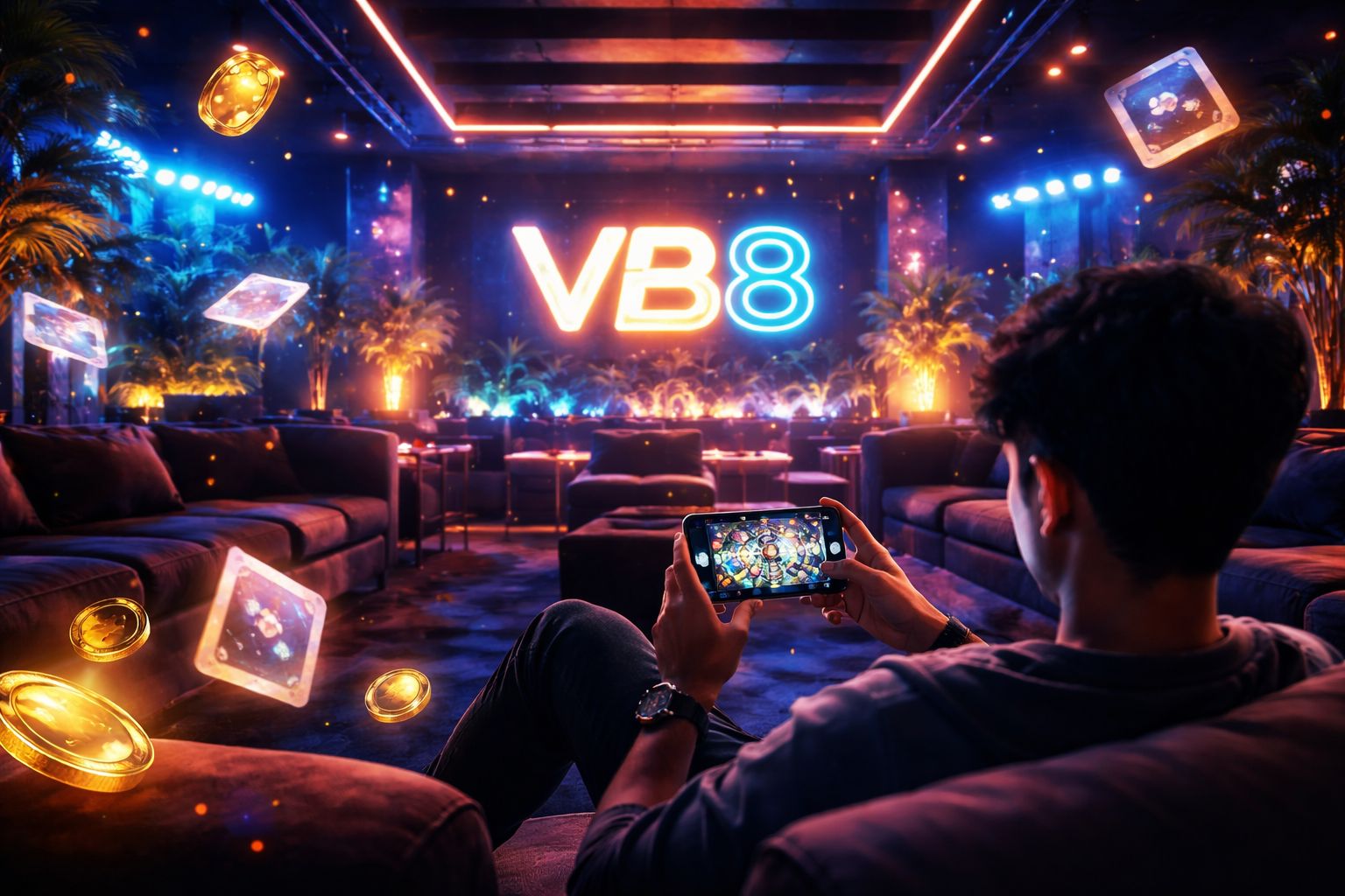 Energetic gamer immersed in a vibrant digital casino atmosphere with glowing VB8 branding and cascading golden coins against a neon-lit backdrop in Bangladesh