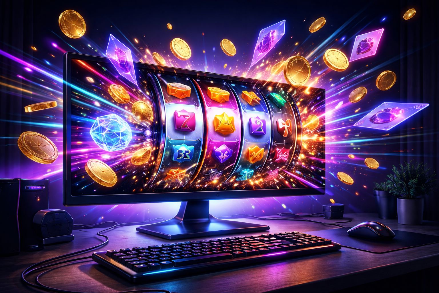 Modern gaming setup displaying colorful slot reels and card symbols bursting from a widescreen monitor surrounded by dynamic light effects showcasing the diversity of VB8 games