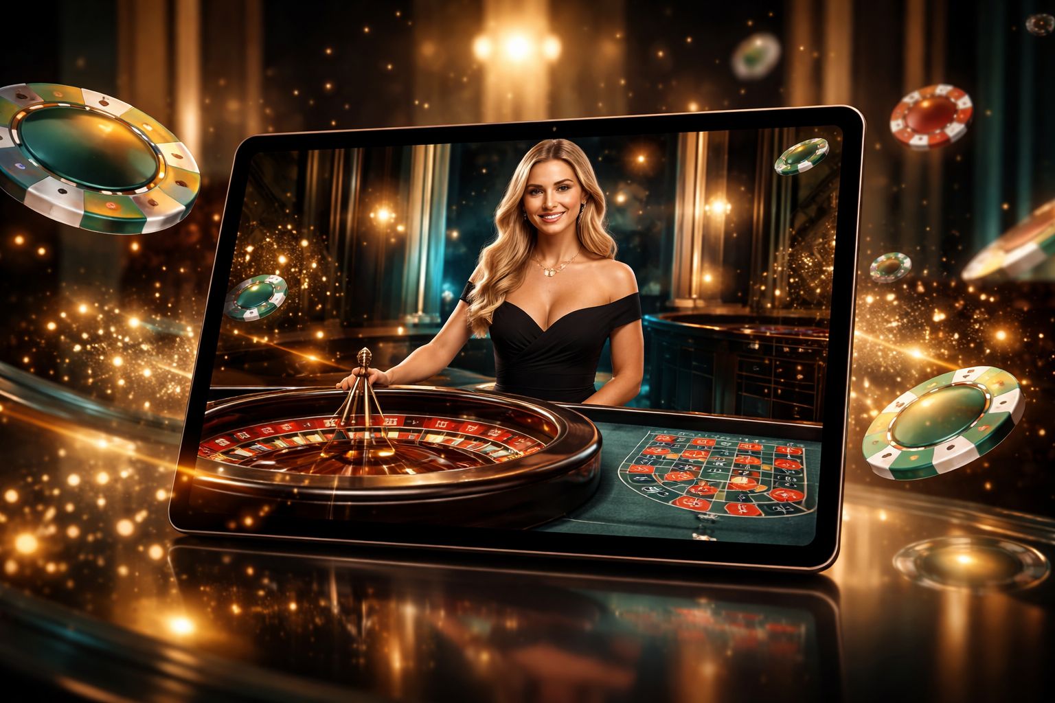 Captivated player surrounded by floating holographic casino elements including roulette wheels and playing cards in a futuristic setting reflecting the premium VB8 experience