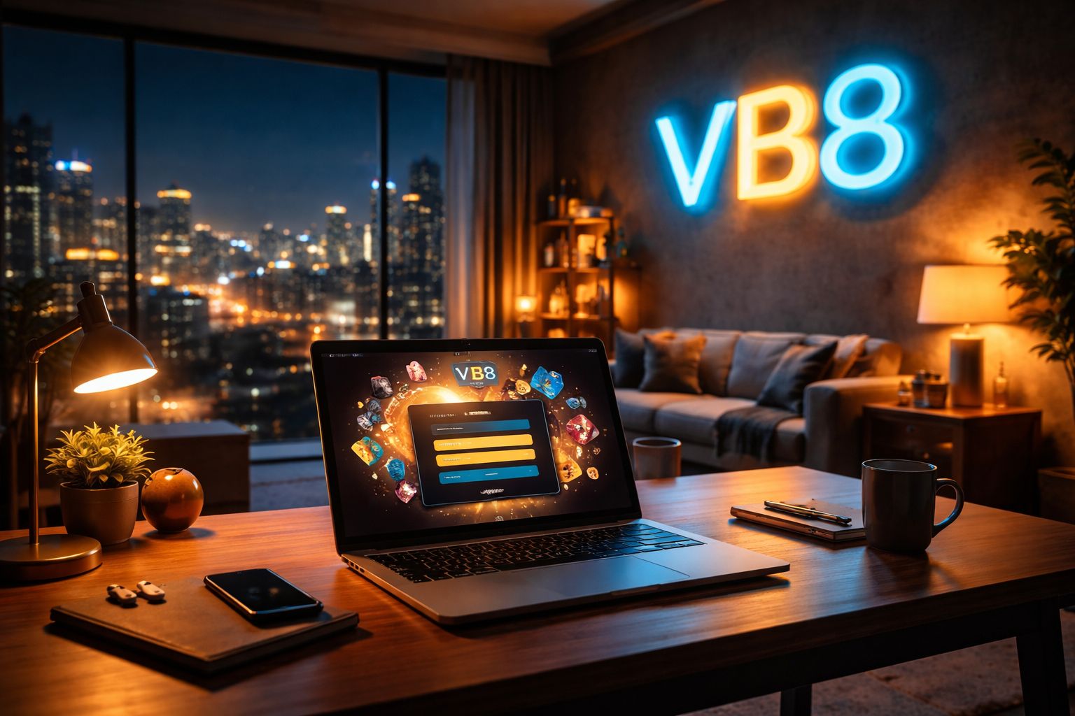 VB8 casino login screen displayed on a modern laptop in a Dhaka apartment setting