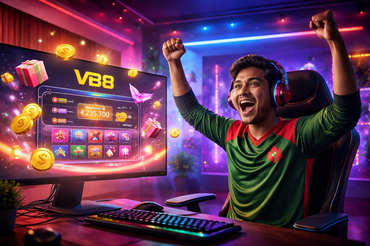 Happy Bangladeshi gamer celebrating a win after logging into their VB8 account