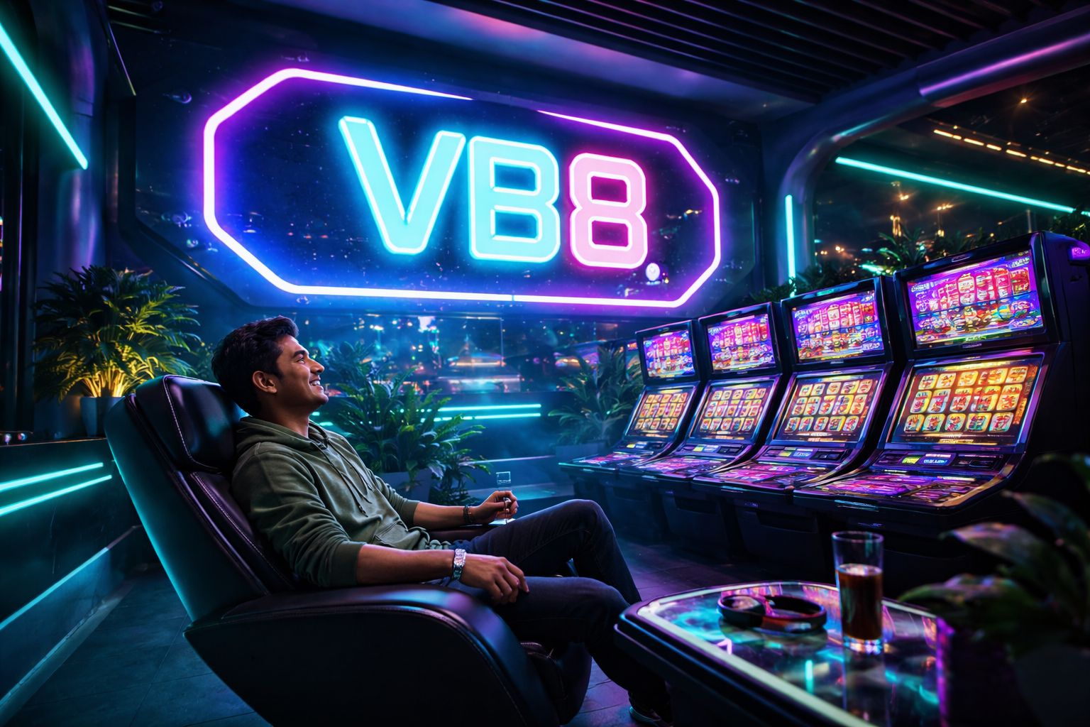 Enthusiastic Bangladeshi gamer surrounded by glowing slot machine screens inside the futuristic VB8 gaming lounge