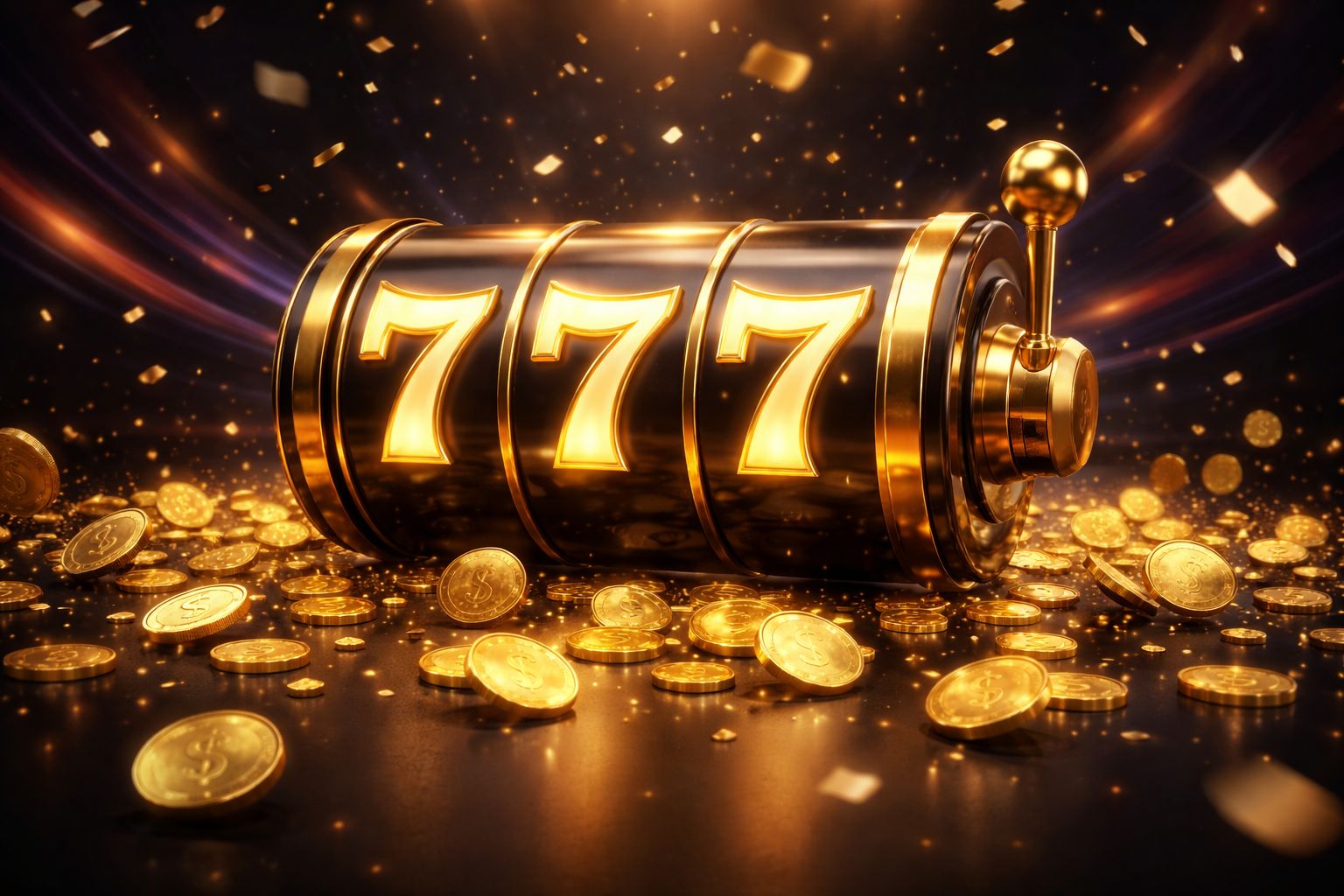 Luxurious golden slot machine displaying triple sevens surrounded by cascading coins and sparkling light effects